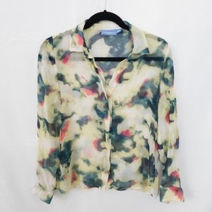 Simply Vera Vera Wang Sheer Chiffon Green and Pink Button Up Shirt Size Small
